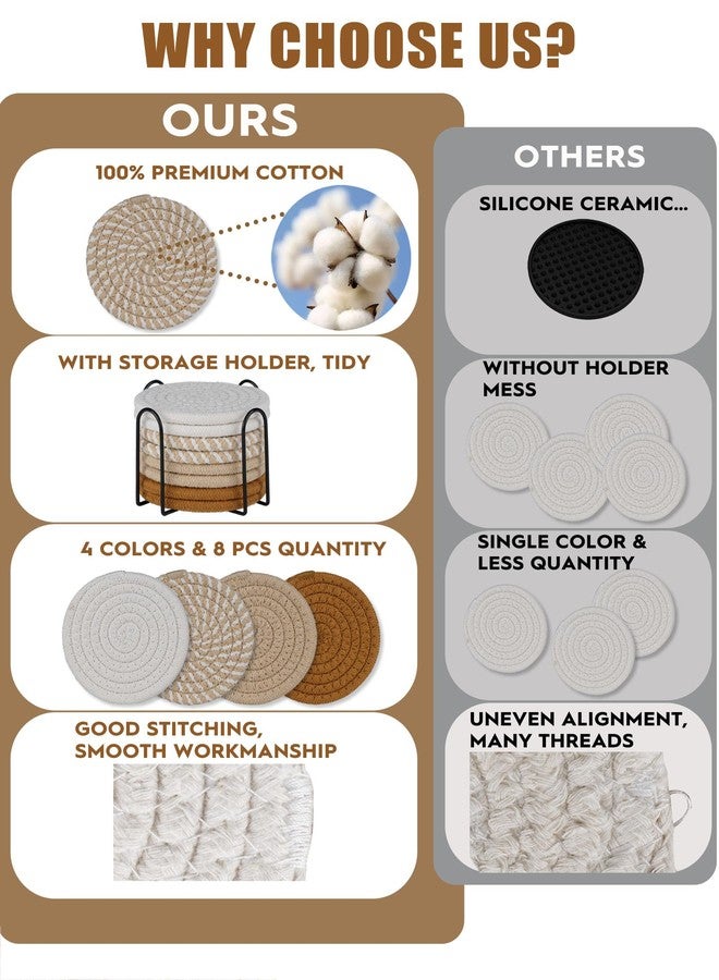 Adorever 8 Pcs Drink Coasters with Holder, Boho Minimalist Cotton Woven Coasters Set for Drinks Absorbent Coffee Table Home Decor Bar Tabletop Protection, Suitable for Kinds of Cups 4.3 Inch - Image 4